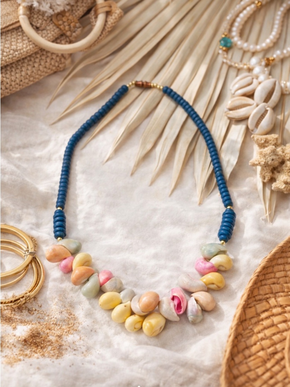 Boho Beach Necklace Blue Heishi Beads Shell Accent Coastal Statement